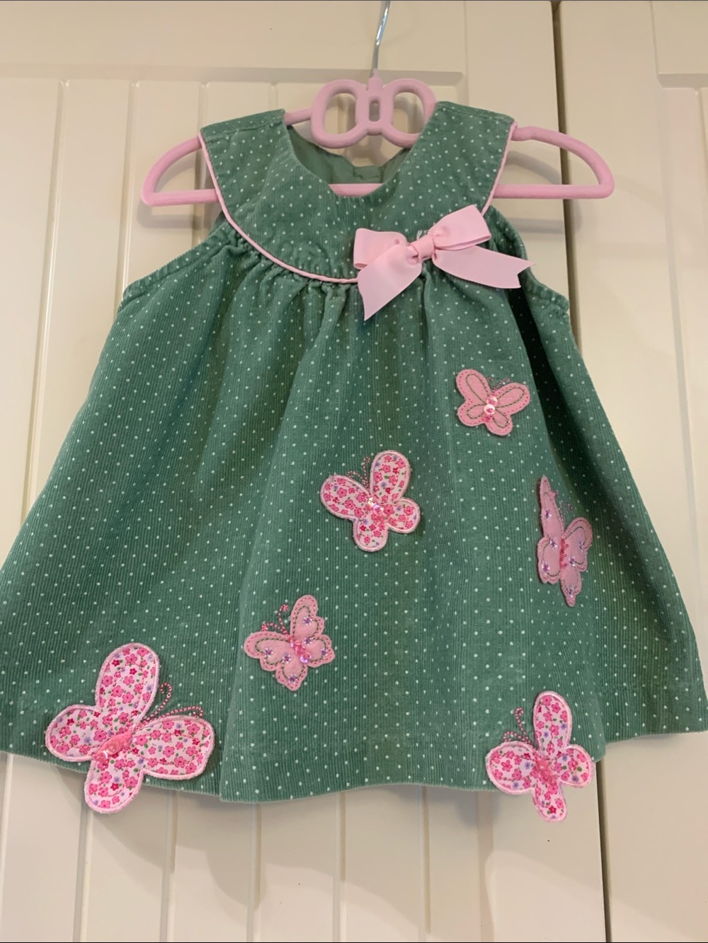 Vintage green cord baby jumper appliqué butterflies